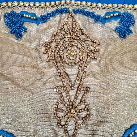 India Gold Border Sky Blue Turquoise Beads & Rhinestones Anarkali Long Dress - Picture 4 of 9